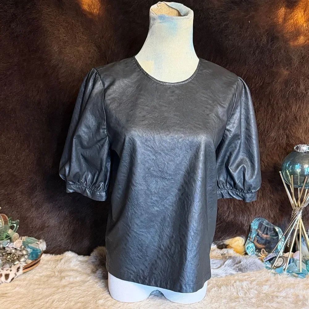 Black Puff Sleeve Faux Leather Top S (BK5)